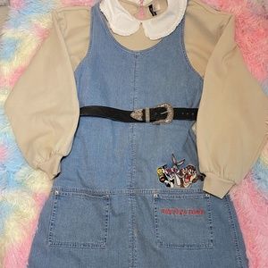 RARE Vintage 90s Looney Tunes Denim Jumper Dress L